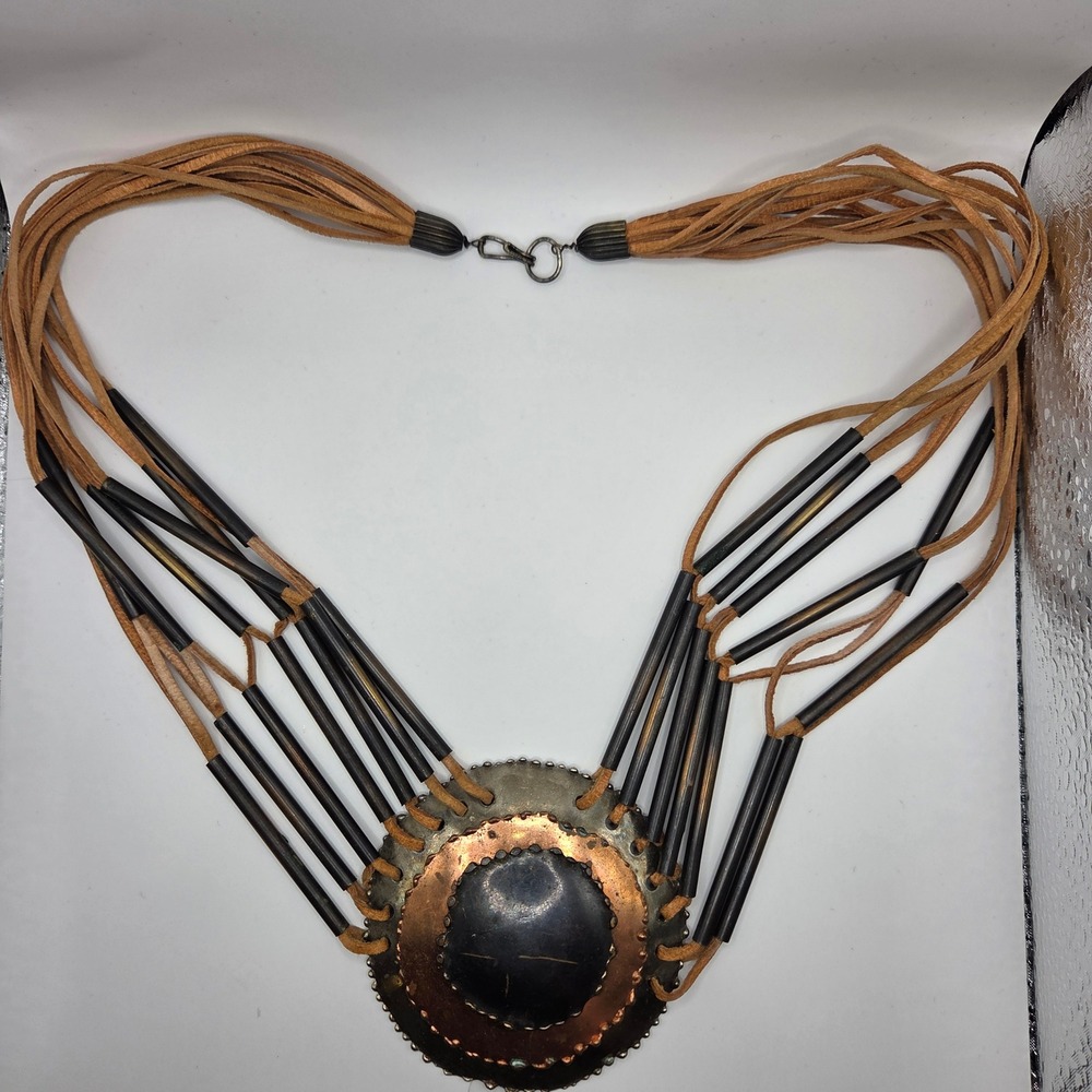 Multi Strand Leather Mixed Metal Medallion Statement Necklace Boho 70s 80s Style